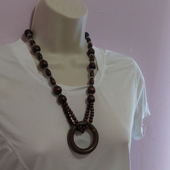Dark Brown Polished Wood Bead Statement Necklace - Picture 2 of 6